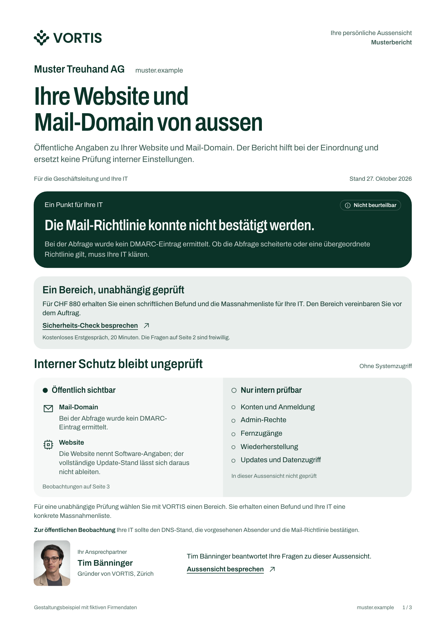 Erste Seite der Aussensicht für die fiktive Muster Treuhand AG. Öffentliche Beobachtungen, Grenzen und ein Punkt zur Klärung mit der IT.